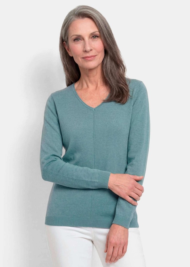 GOLDNER Rundhalspullover »Kurzgröße Baumwollpullover mit V-Ausschnitt« mit Kaschmieranteil