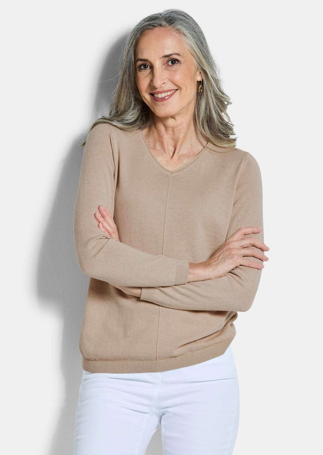 GOLDNER Rundhalspullover »Kurzgröße Baumwollpullover mit V-Ausschnitt« mit Kaschmieranteil