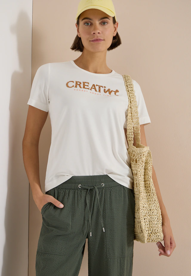 Cecil Print-Shirt Sommershirt mit Rundhals und Glitzer-Wording