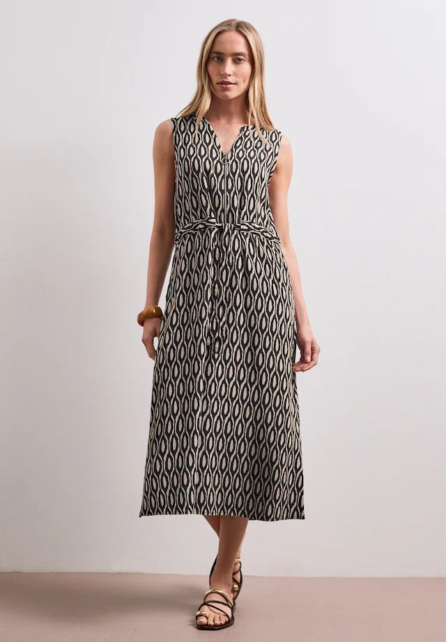 STREET ONE Midikleid Eingrifftaschen Sommerkleid mit grafischem Muster/Split Neck mit Zipperdetail