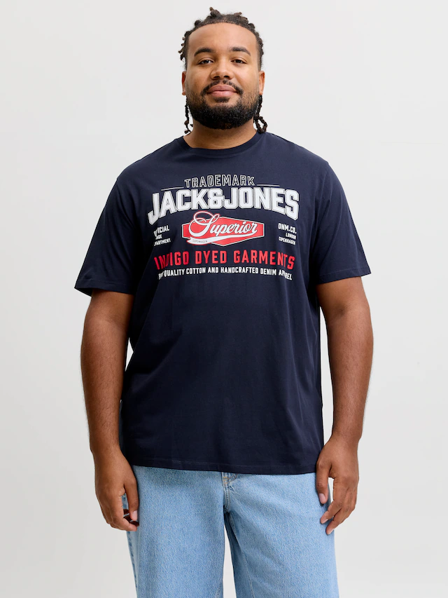 Jack & Jones PlusSize T-Shirt »JJELOGO TEE SS O-NECK 2 COL AW26 SN PLS« aus reiner Baumwolle, mit geradem Abschluss am Rumpf, in Plus Size
