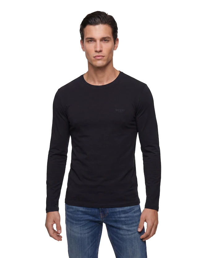 Guess Langarmshirt Rundhalsausschnitt, Bamwoll-Mix, Logodrck