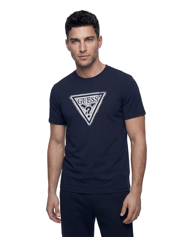 Guess T-Shirt »TRIANGLE SPRAY TEE« Rundhalsausschnitt, Baumwoll-Mix, Slim Fit