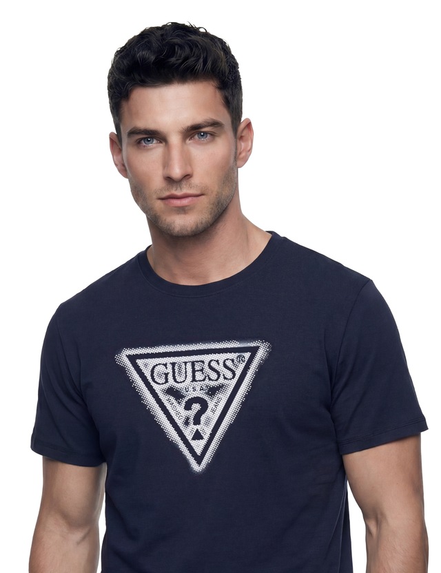Guess T-Shirt »TRIANGLE SPRAY TEE« Rundhalsausschnitt, Baumwoll-Mix, Slim Fit