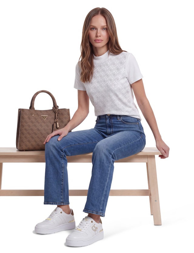 Guess T-Shirt »SS MOCK NECK ALL OVER 4G TEE« mit Strassbesatz, Slim Fit