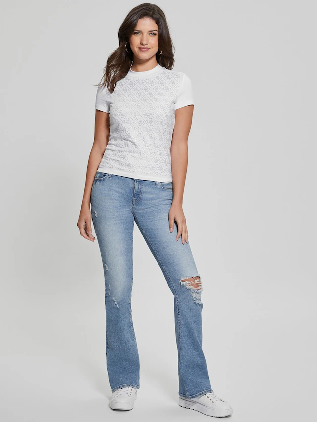 Guess T-Shirt »SS MOCK NECK ALL OVER 4G TEE« mit Strassbesatz, Slim Fit