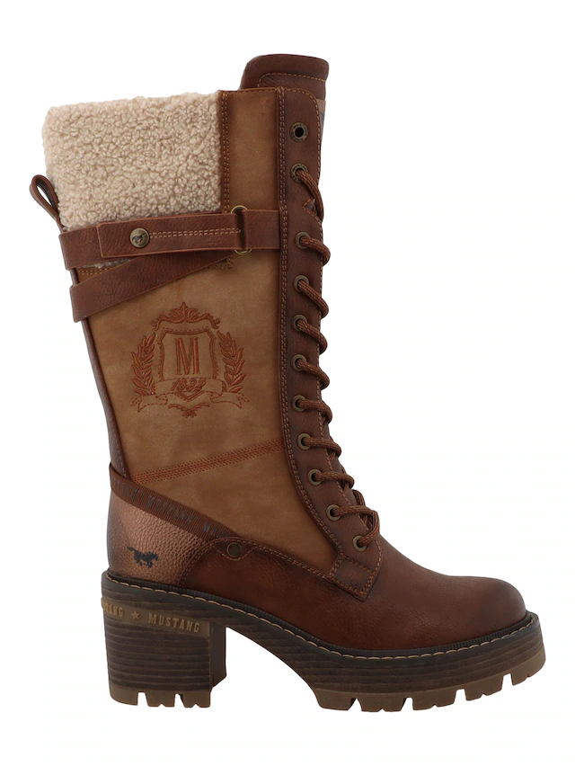 Mustang Shoes Winterstiefel »Stiefel« Blockabsatz, Schnürstiefel mit Warmfutterkragen und Zierschnalle