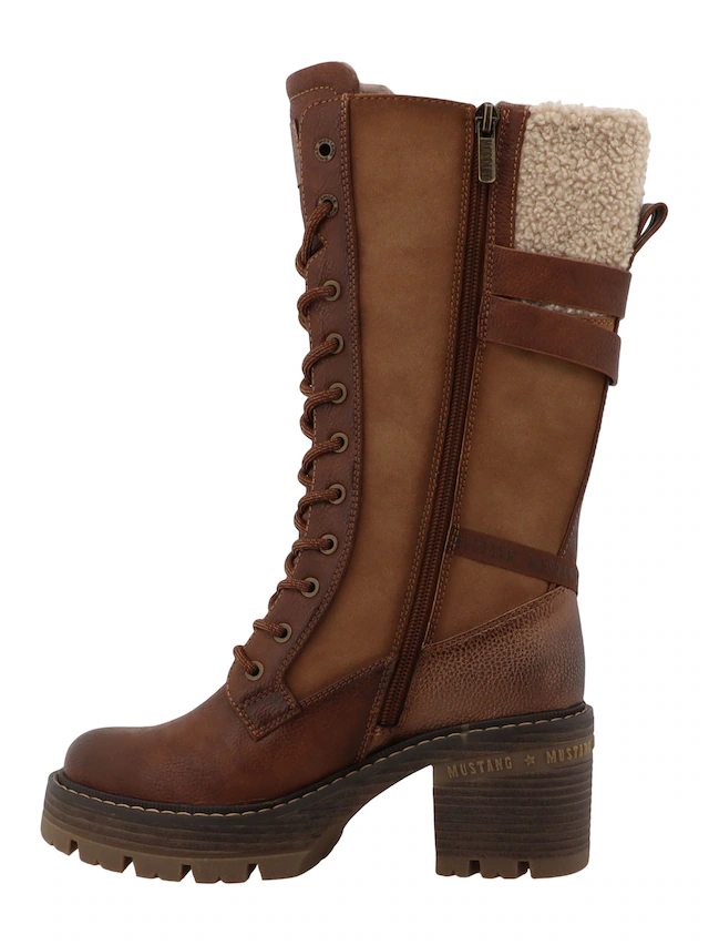 Mustang Shoes Winterstiefel »Stiefel« Blockabsatz, Schnürstiefel mit Warmfutterkragen und Zierschnalle