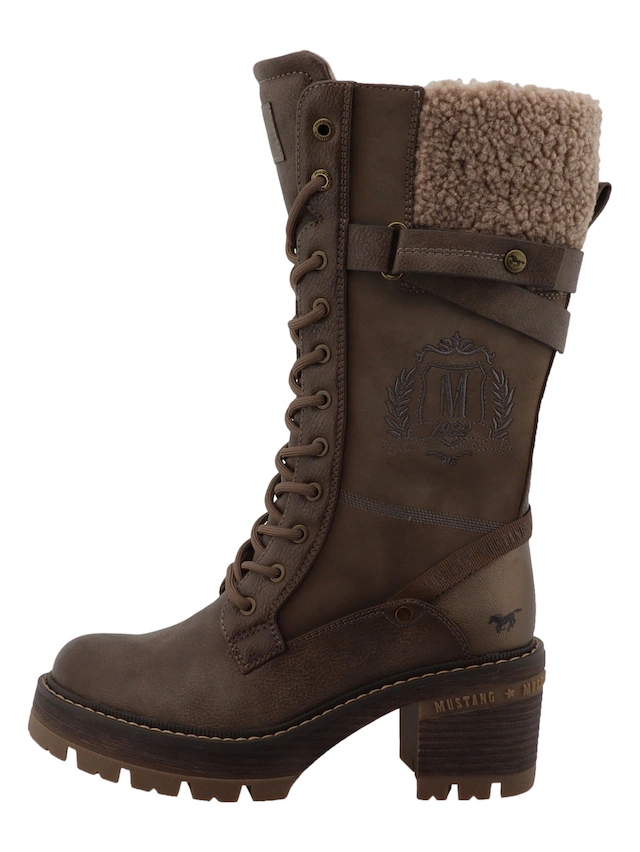 Mustang Shoes Winterstiefel »Stiefel« Blockabsatz, Schnürstiefel mit Warmfutterkragen und Zierschnalle