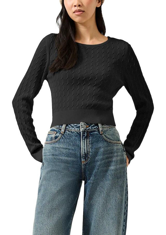 QS Strickshirt Langarmshirt mit Zopfmuster / Viskosemix