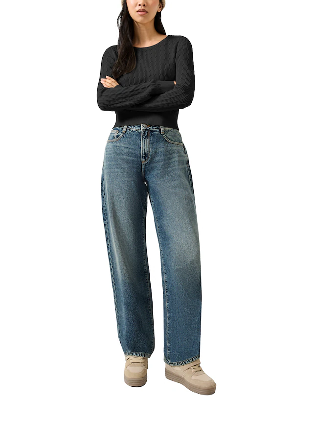 QS Strickshirt Langarmshirt mit Zopfmuster / Viskosemix