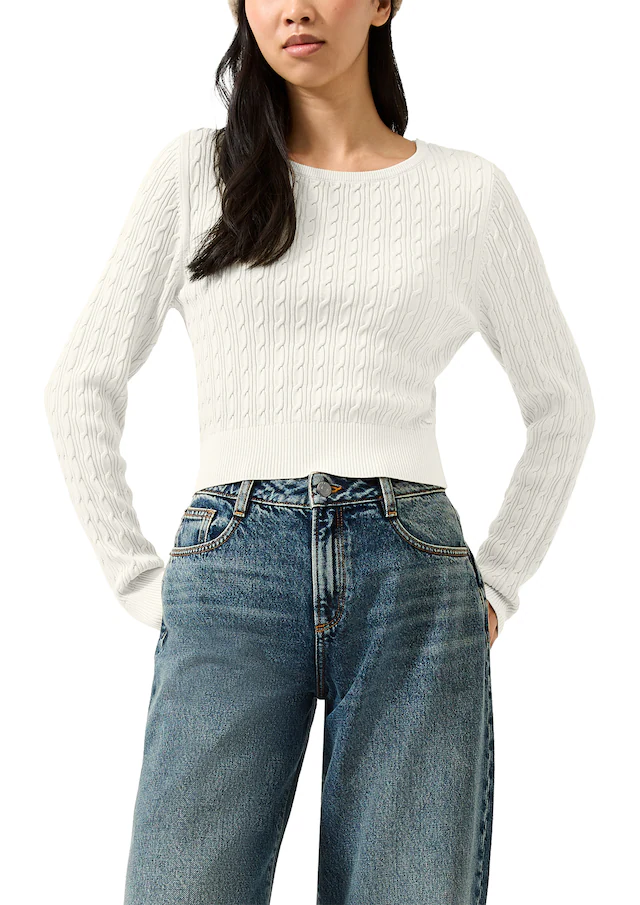 QS Strickshirt Langarmshirt mit Zopfmuster / Viskosemix