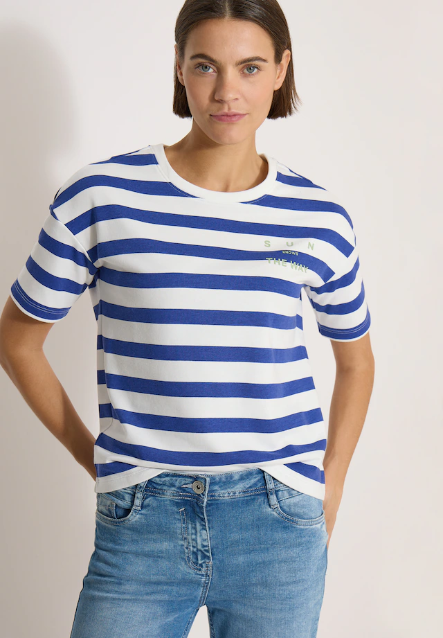 Cecil Kurzarmshirt Sommershirt mit Streifen und Wording-Detail