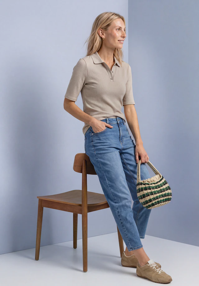 STREET ONE Poloshirt Sommershirt im Strick-Look mit Rippstruktur