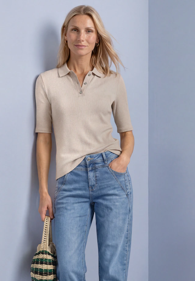 STREET ONE Poloshirt Sommershirt im Strick-Look mit Rippstruktur
