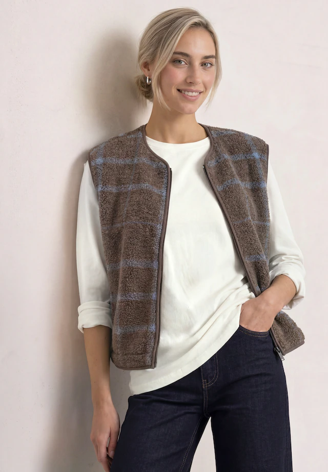 STREET ONE Plüschweste mit Zipper und Print / Kariert