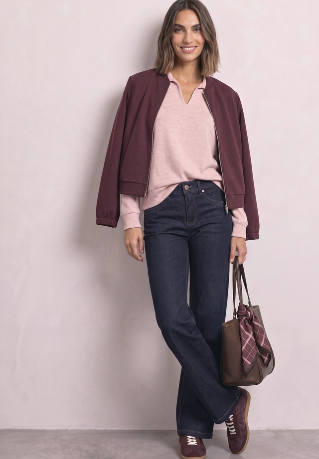 STREET ONE Langarm-Poloshirt mit Polokragen / Im Melange-Look