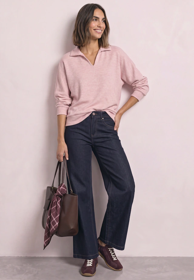 STREET ONE Langarm-Poloshirt mit Polokragen / Im Melange-Look