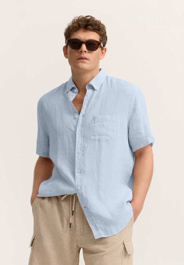 bugatti Kurzarmhemd Modern Fit aus Leinen mit Button-Down-Kragen