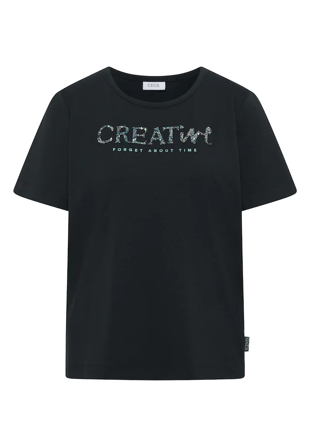Cecil Print-Shirt Sommershirt mit Rundhals und Glitzer-Wording