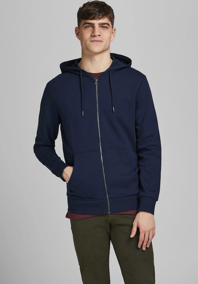 Jack & Jones Kapuzensweatjacke »JJEBASIC Hoodie mit Rippbündchen und angenehmem Tragegefühl« unifarben, modisch, regular fit, Baumwollmischung, Rundhals