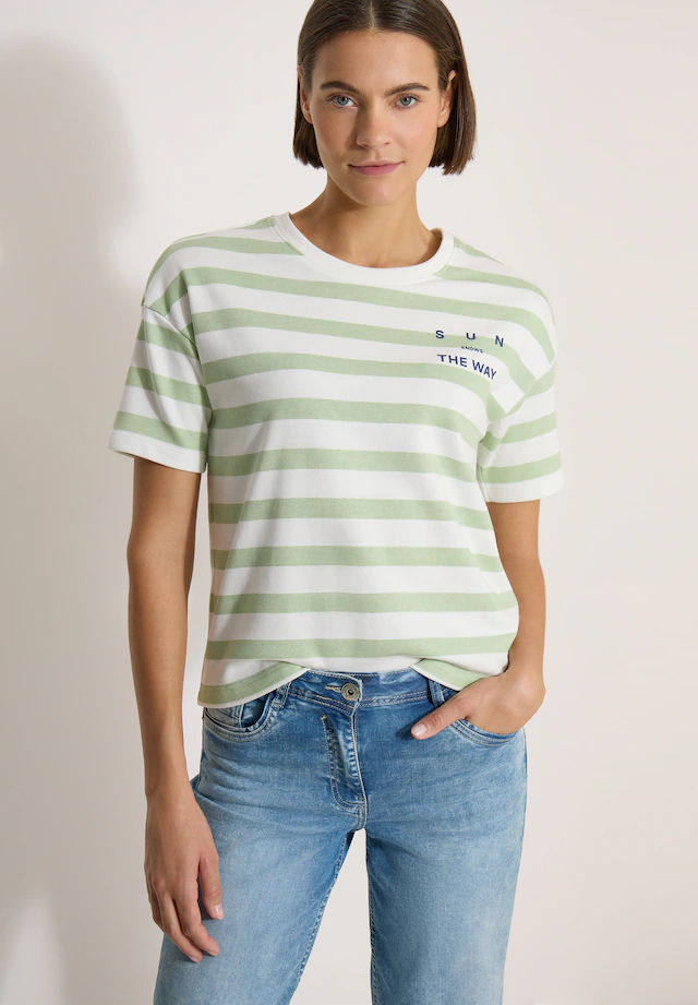 Cecil Kurzarmshirt Sommershirt mit Streifen und Wording-Detail