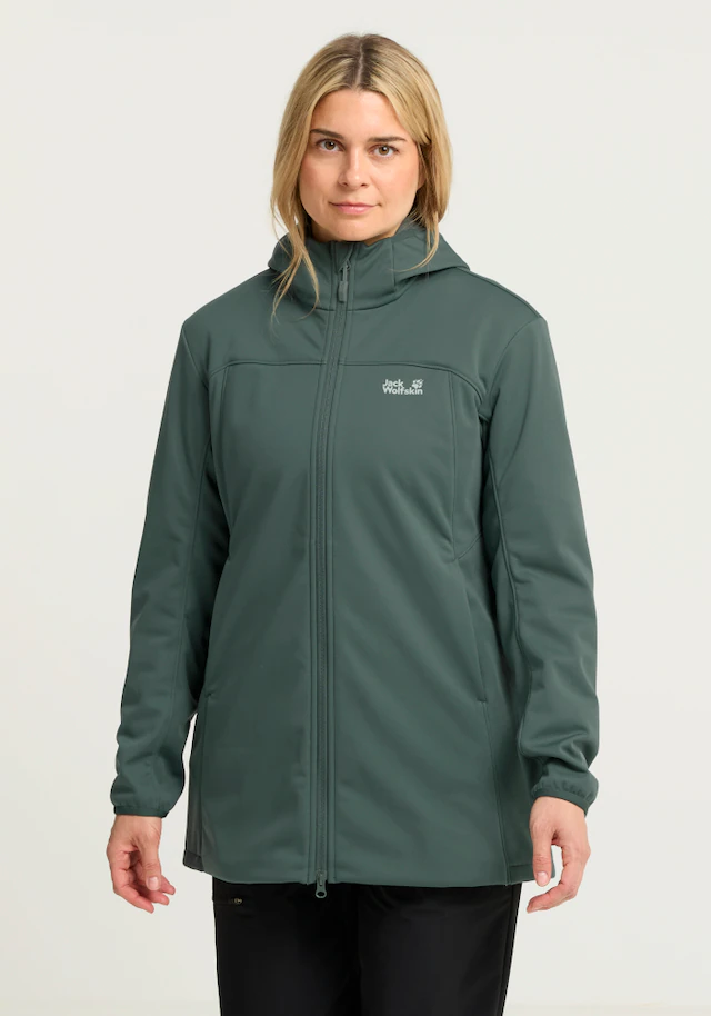 Jack Wolfskin Softshellmantel »WINDHAIN 2 COAT W« Softshellmantel mit Kapuze, winddicht, wasserabweisend