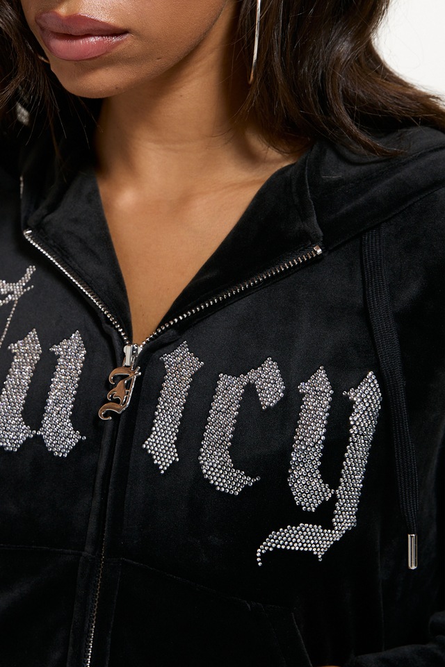 Juicy Couture Kapuzennickijacke »OLD GOTHIC ICCLE HOODIE Damen« mit Kapuze Trainingsjacke Damen, Sweatjacke mit Kapuze, Velour, mit Glitzer, Sale