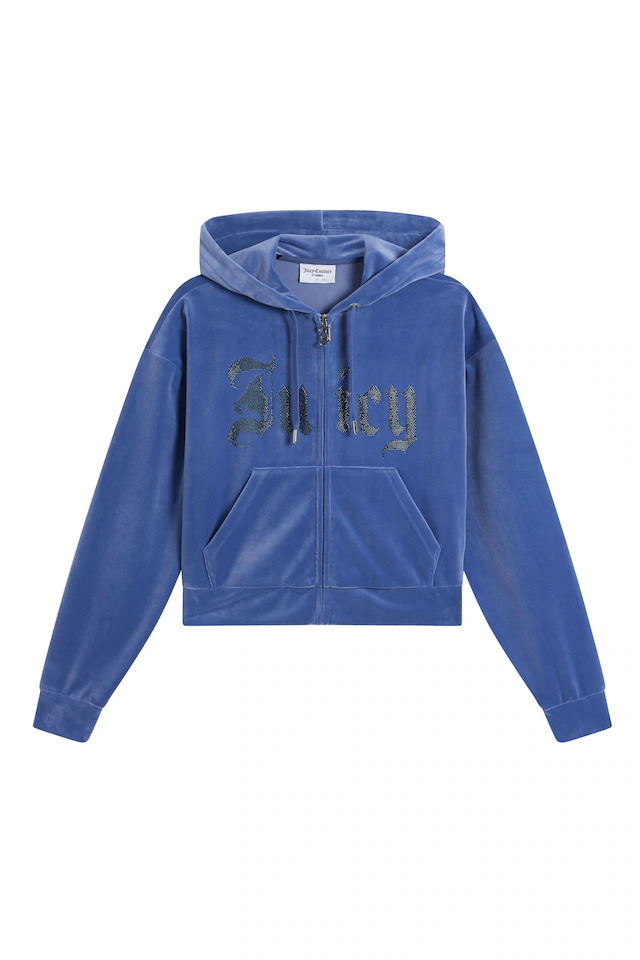 Juicy Couture Kapuzennickijacke »OLD GOTHIC ICCLE HOODIE Damen« mit Kapuze Trainingsjacke Damen, Sweatjacke mit Kapuze, Velour, mit Glitzer, Sale