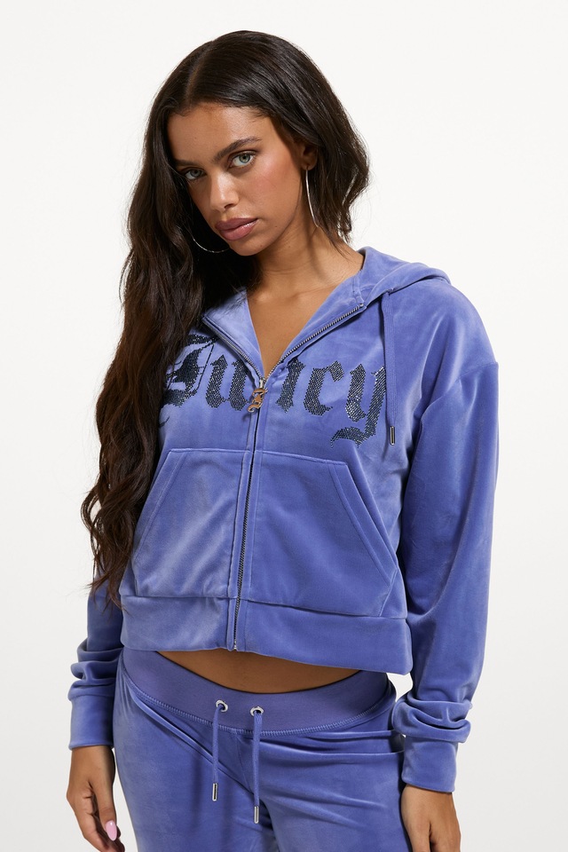 Juicy Couture Kapuzennickijacke »OLD GOTHIC ICCLE HOODIE Damen« mit Kapuze Trainingsjacke Damen, Sweatjacke mit Kapuze, Velour, mit Glitzer, Sale
