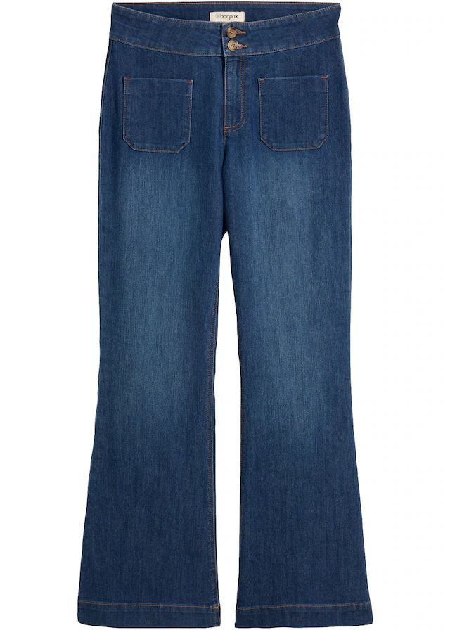 bonprix Schlagjeans mit Mid Waist, Regular Fit, ausgestellte Schlagform, in Used-Optik