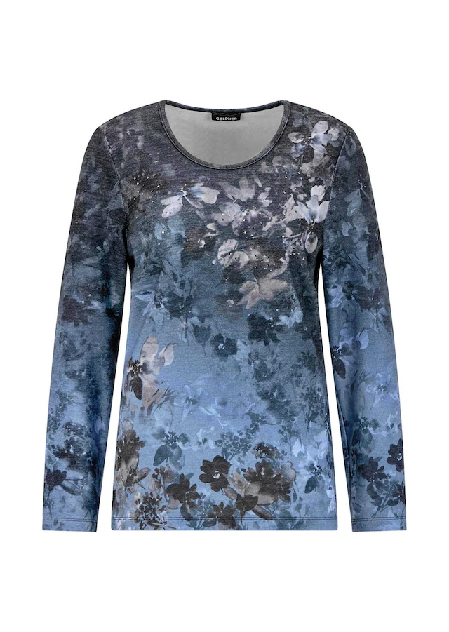 GOLDNER Langarmshirt »Kurzgröße Jerseyshirt mit Blütenranken« Ziersteine auf Print