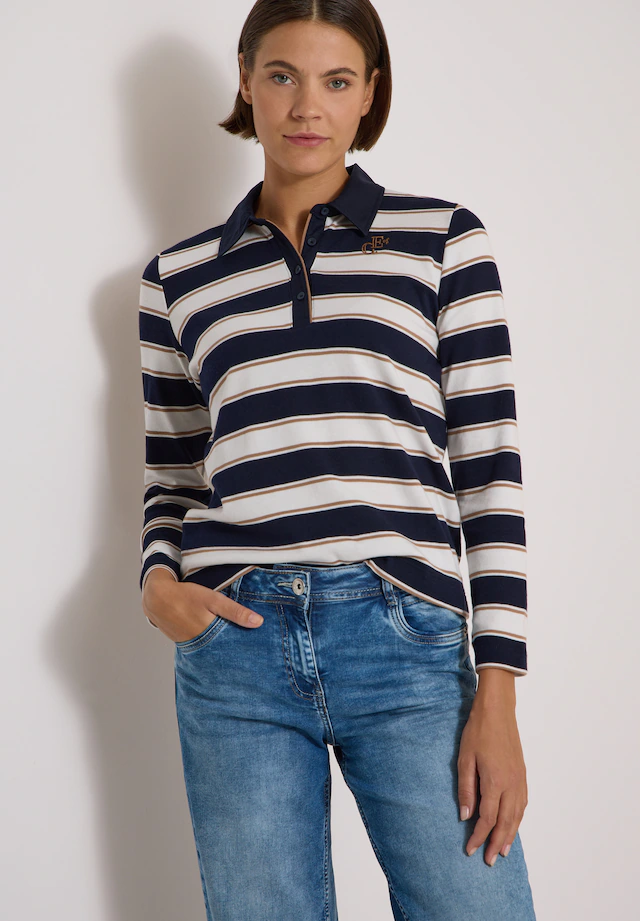 Cecil Langarm-Poloshirt mit Streifen und Stickerei
