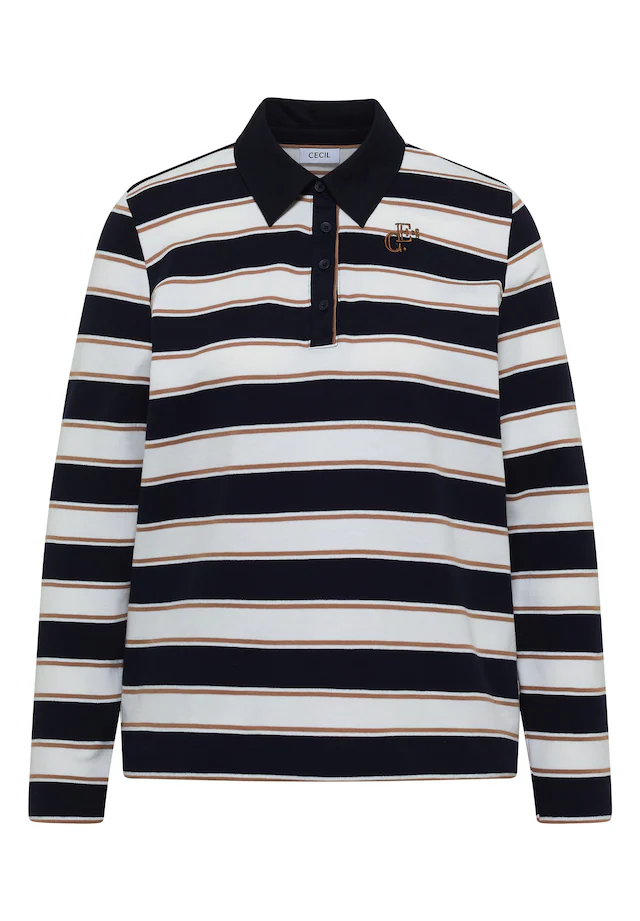 Cecil Langarm-Poloshirt mit Streifen und Stickerei