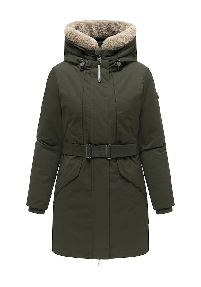 Marikoo Winterjacke »Calistaa« mit Kapuze Warmer Damen Wintermantel mit Taillengürtel und hohem Kragen