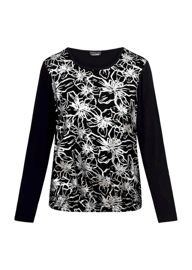 GOLDNER Kurzarmbluse »Blusenshirt mit Blumendruck« Vorderteil aus Satin mit Foilprint