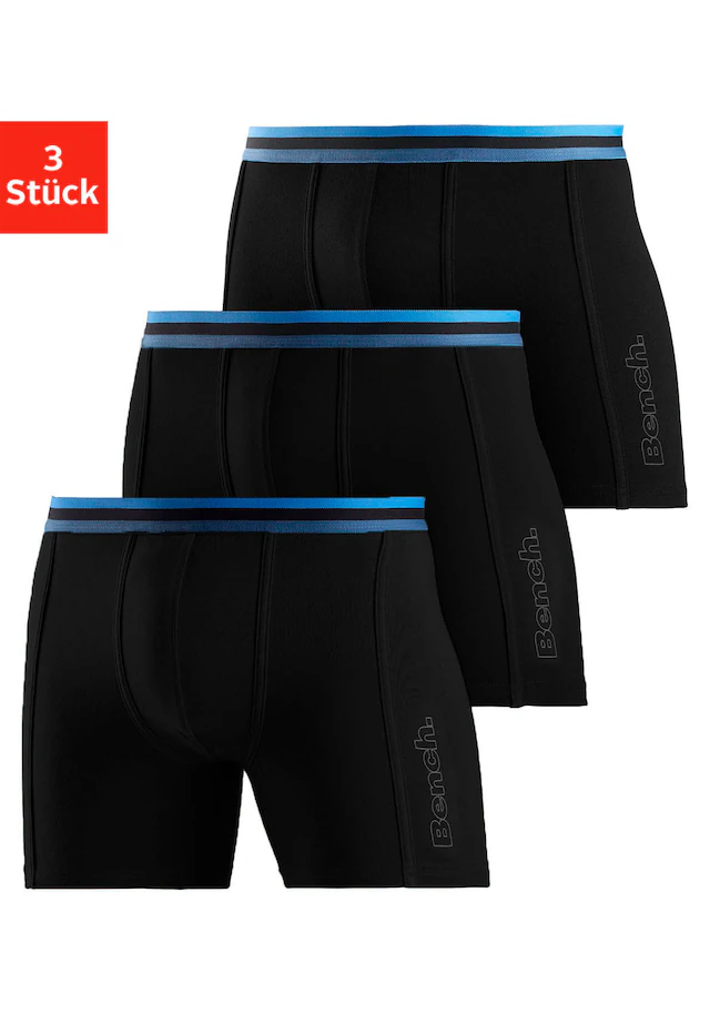 Bench. Langer Boxer Packung, 3 Stk. Unterhosen mit elastischem Bund und Logodruck auf dem Bein