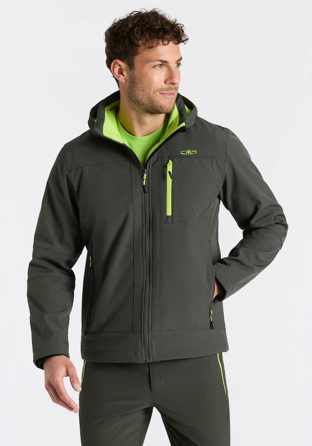 CMP Softshelljacke mit Kapuze mit hochschließendem Kragen, 3-lagig, wasserabweisend, winddicht