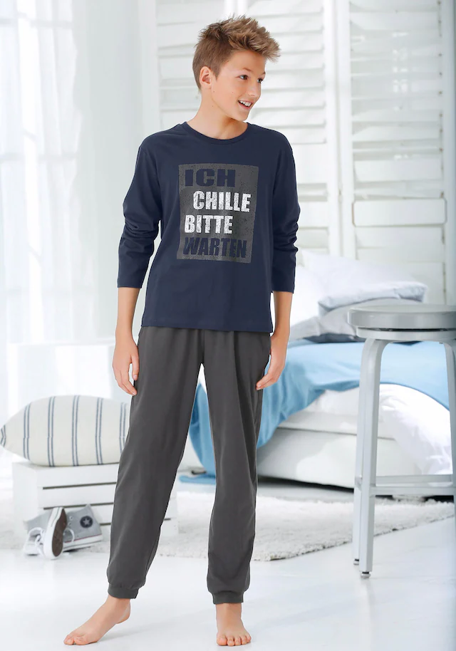 AUTHENTIC LE JOGGER Pyjama 2 tlg. langer Schlafanzug, bedruckt, Rundhals-Ausschnitt, aus Baumwolle