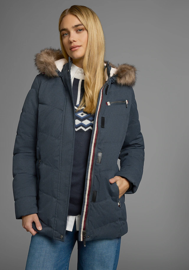 Polarino Steppjacke mit Kapuze mit abnehmbarer Kapuze, mit Fellimitat, viele Taschen