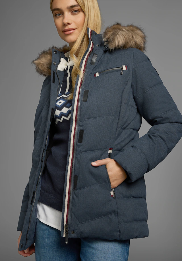 Polarino Steppjacke mit Kapuze mit abnehmbarer Kapuze, mit Fellimitat, viele Taschen