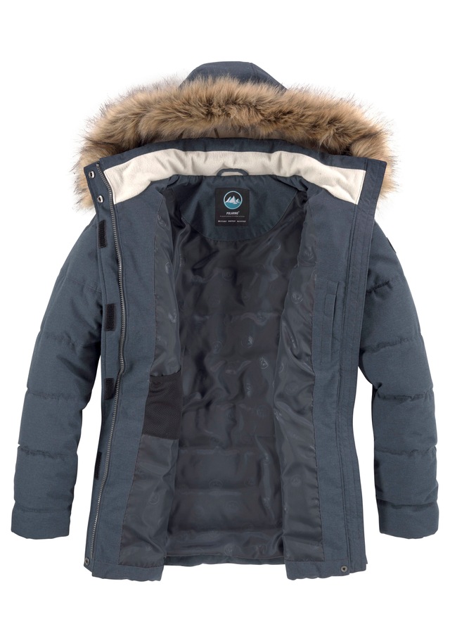 Polarino Steppjacke mit Kapuze mit abnehmbarer Kapuze, mit Fellimitat, viele Taschen
