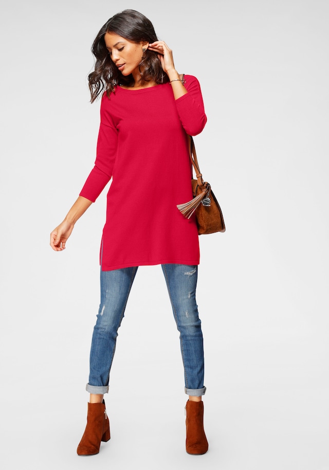 Laura Scott Longpullover Feinstrick mit U-Boot Ausschnitt und seitlichem Schlitz