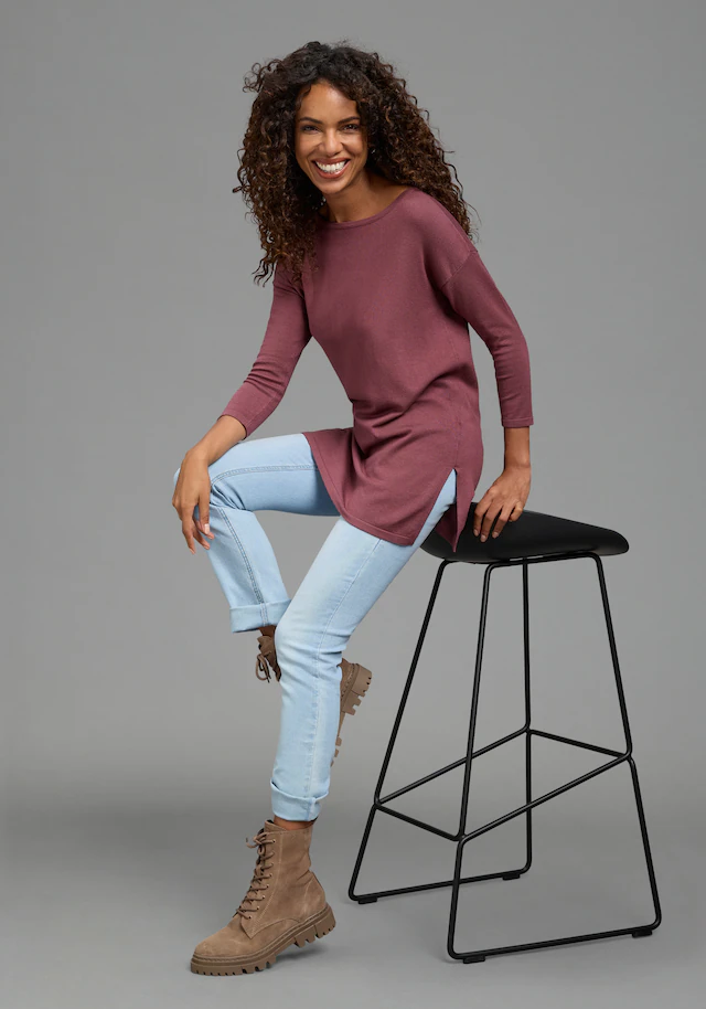 Laura Scott Longpullover Feinstrick mit U-Boot Ausschnitt und seitlichem Schlitz