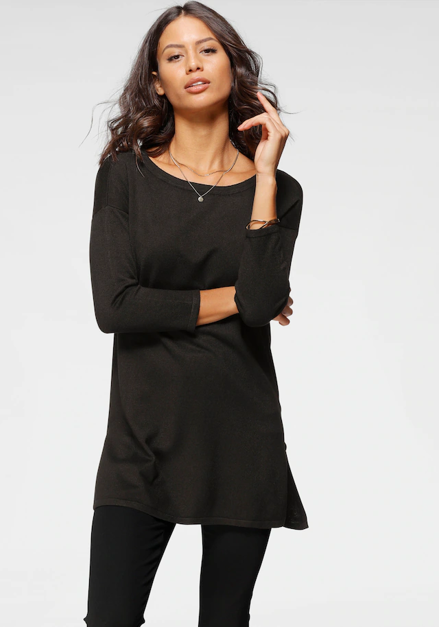 Laura Scott Longpullover Feinstrick mit U-Boot Ausschnitt und seitlichem Schlitz