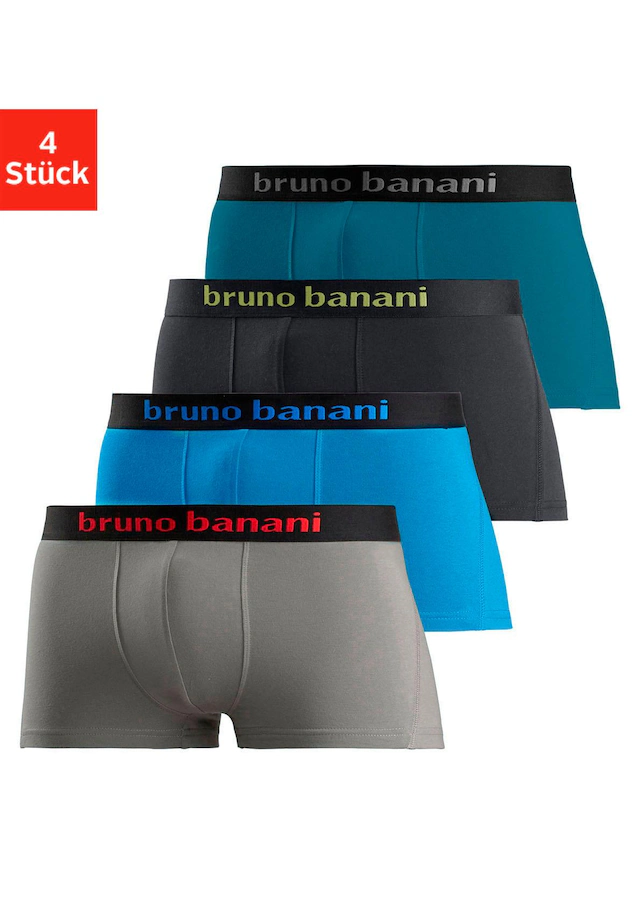 Bruno Banani Hipster Packung, 4 Stk. knapp sitzende Boxershorts mit Logo Webbund aus Baumwollmischung