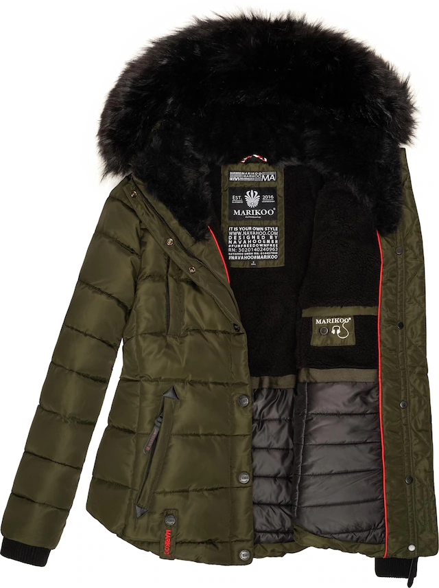 Marikoo Steppjacke »Lotusblüte« mit Kapuze hochwertige Winter Jacke mit edler Kunstpelz Kapuze