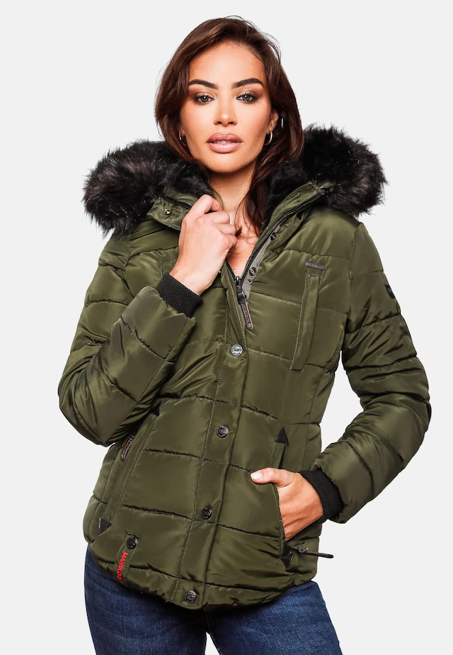 Marikoo Steppjacke »Lotusblüte« mit Kapuze hochwertige Winter Jacke mit edler Kunstpelz Kapuze