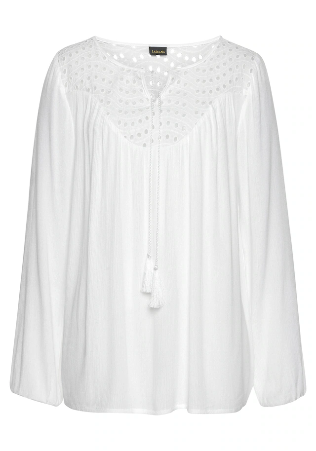 LASCANA Crepebluse »mit Lochstickerei am Ausschnitt, leicht transparent« Verspielte Damenbluse, Langarmbluse mit lockerer Passform, Boho-Stil