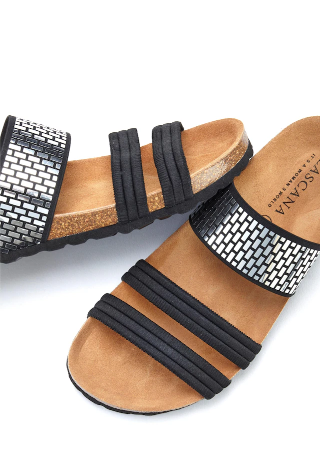 LASCANA Pantolette »Mule, Sandale, offener Schuh, Sommerschuh,« mit Komfortkorkfußbett aus Leder und elastischen Riemchen